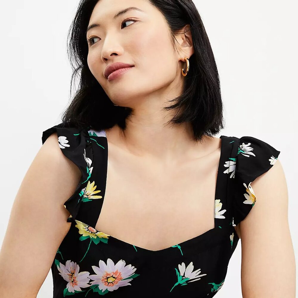 EUC✨LOFT black sleeveless midi dress with ruffled straps & yellow flowers - Picture 3 of 17